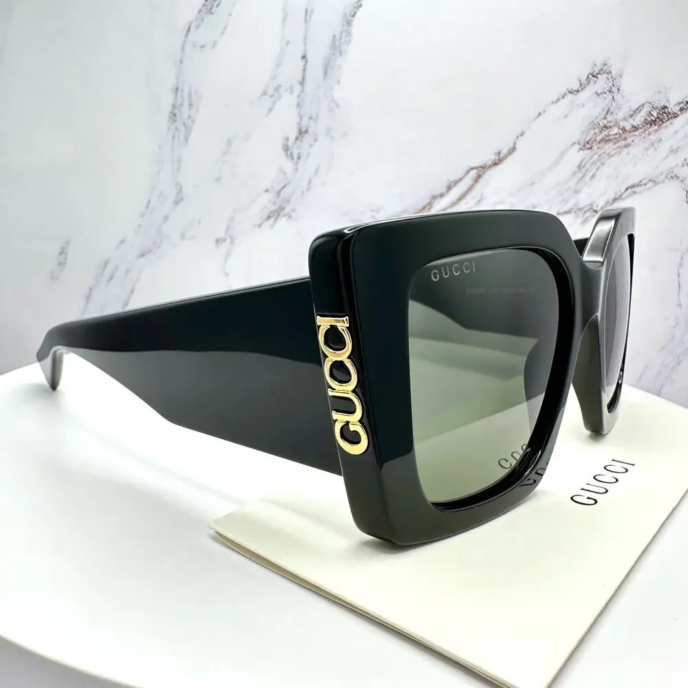 New GUCCI Sunglasses Black Gold Logo Square Oversized 51mm Grey Lens Womens